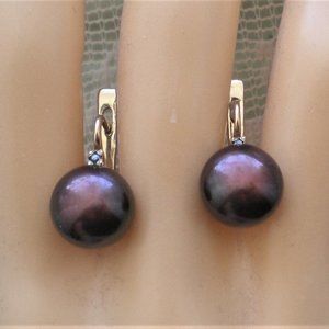 Russian Russia 14K 585 Yellow Gold 10.5MM Black Peacock Pearl Pierced Earrings